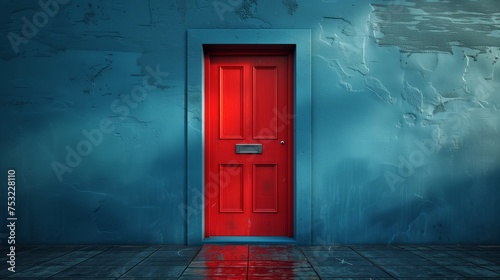 Red Door in Dark Room With Blue Wall. Generative AI © MIKHAIL
