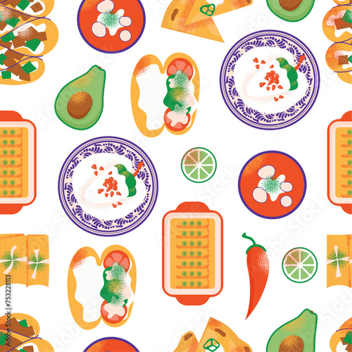 Traditional Mexican Cuisine Food seamless pattern with tacos, quesadillas, enchiladas, chiles en nogada, pozole, tortas, tamales. Collection illustration in cartoon modern style isolated on background