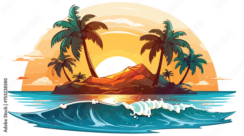 Tropical island with sandy ocean beach palm trees wa