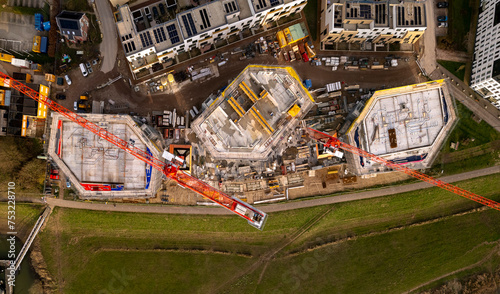 Panorama top down aerial of real estate project Pracht new housing apartment towers construction site part of urban development Noorderhaven neighbourhood photo