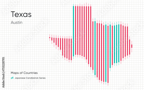 Texas map is shown in a chart with bars and lines. Japanese candlestick chart Series 