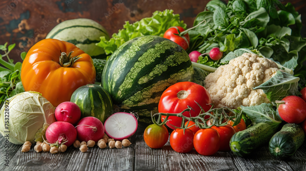 A variety of organic foods, including fresh vegetables, fruits, and grains, arranged on a natural wood table A variety of organic foods, including fresh vegetables, fruits, and grains, arranged on a natural wood table
