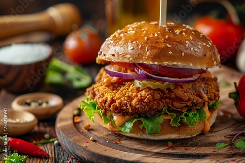Delicious Fried Chicken Sandwich With Onions and Lettuce. Generative AI