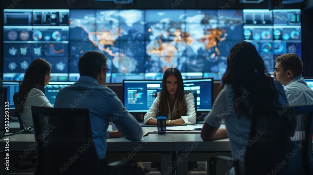 Diverse Team of Emergency Managers Monitoring Screens at Table. Generative AI Diverse Team of Emergency Managers Monitoring Screens at Table. Generative AI