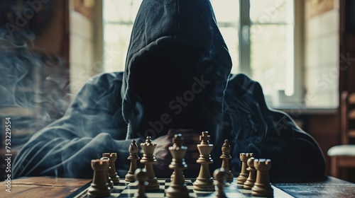 Hooded Person Playing Chess. Generative AI