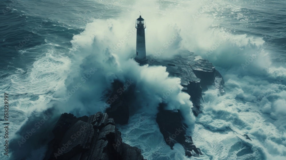 Lighthouse amidst turbulent sea waves - Majestic lighthouse stands firm as colossal waves crash around it, symbolizing resilience and hope amidst chaos