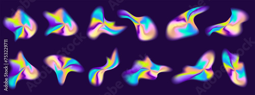 Aura neon y2k gradient abstract shape set. Blur y2k fluid irregular organic element. Blur gradient neon mesh. Vector illustration