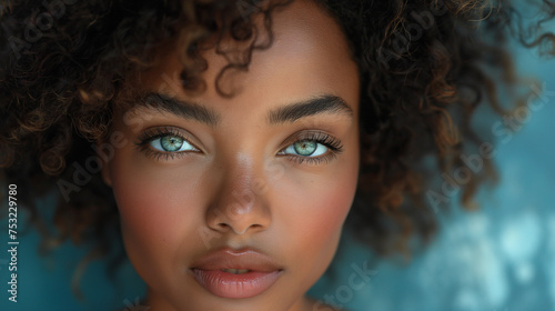 Green eyed black young beautiful woman with curly hair on blue background. Selective focus. Copy space. Natural woman beauty concept. 