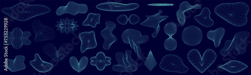 Grid y2k set abstract geometry shape. 3d graphic design y2k retro style. Mesh grid line shape. Vector illustration