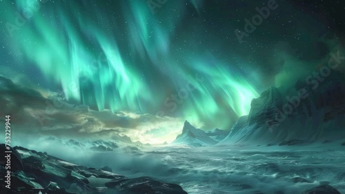 Northern lights over icy mountain landscape - Spectacular aurora borealis illuminate the polar skies above snow-covered mountains, reflecting off icy surfaces below