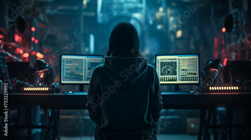 Hacker with computers in dark room. Cyber crime © Grafics