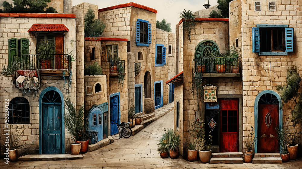 Beautiful colorful houses in the old town with blue doors and windows. Naive art style storybook illustration.