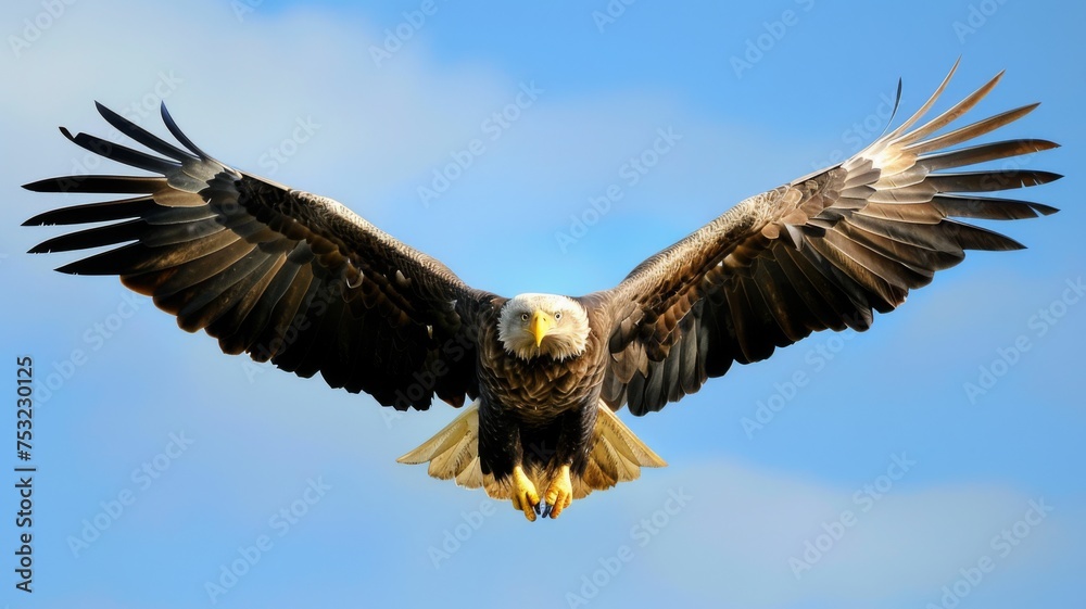 Naklejka premium Spread wings of an eagle in a clear sky - An iconic, full-spread view of an eagle soaring gracefully against a clear blue sky backdrop