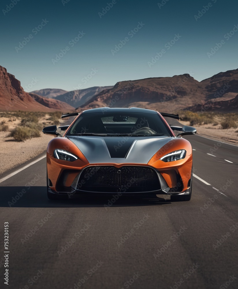 sports car, orange, standing on the road among a desert landscape. Front view, Postcards, wallpapers, backgrounds, auto repair shop - obrazy, fototapety, plakaty 