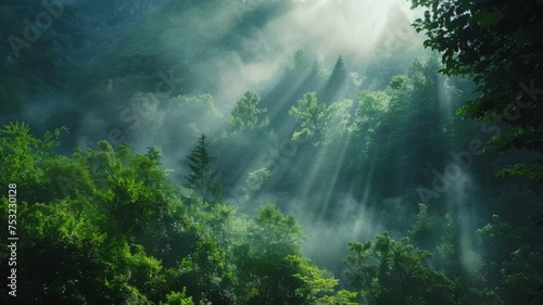 Sunlight filtering through dense forest canopy - A breathtaking view capturing rays of sunlight streaming through the dense foliage of a vibrant forest © Tida