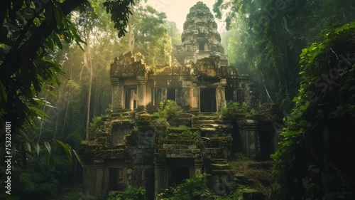 Sunlight piercing through an ancient temple - Warm sunlight breaks through the dense foliage, illuminating an ancient temple in a mystical forest