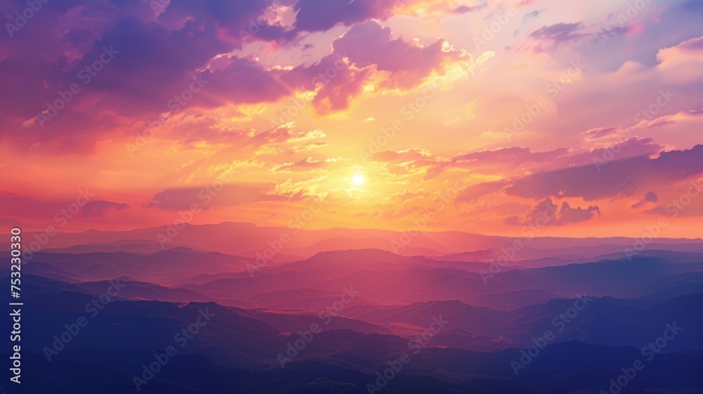 Breathtaking sunset over mountain layers - The image captures a stunning sunset glimmering through layers of mountains, creating a serene atmosphere