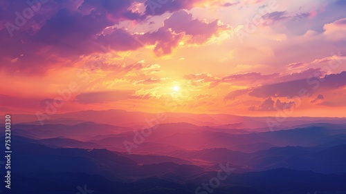 Breathtaking sunset over mountain layers - The image captures a stunning sunset glimmering through layers of mountains, creating a serene atmosphere