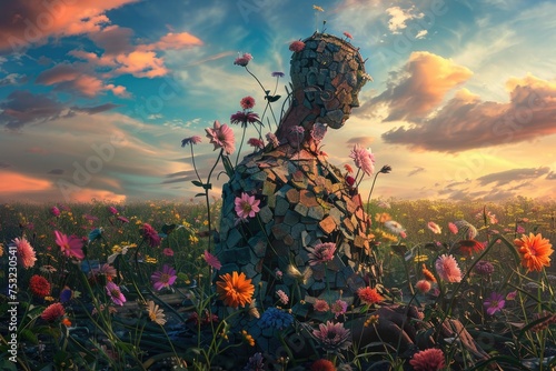 A surreal scene depicting a field of vibrant flowers blooming around a broken human sculpture, symbolizing life emerging from adversity photo