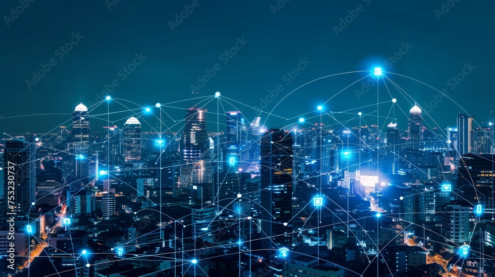 Modern City at Night With Network Overhead. Generative AI Modern City at Night With Network Overhead. Generative AI