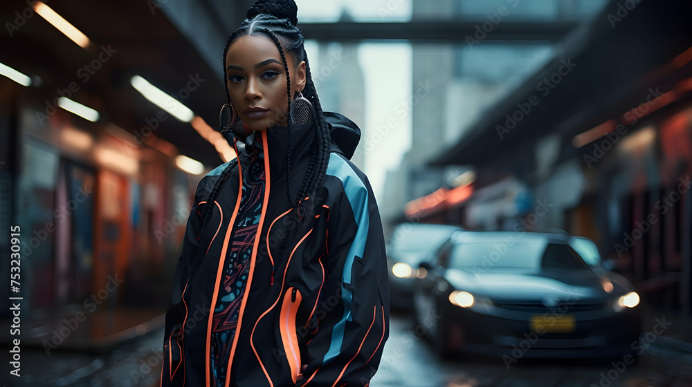 A futuristic tracksuit in a cyberpunk alley, merging high-tech fashion with urban grit