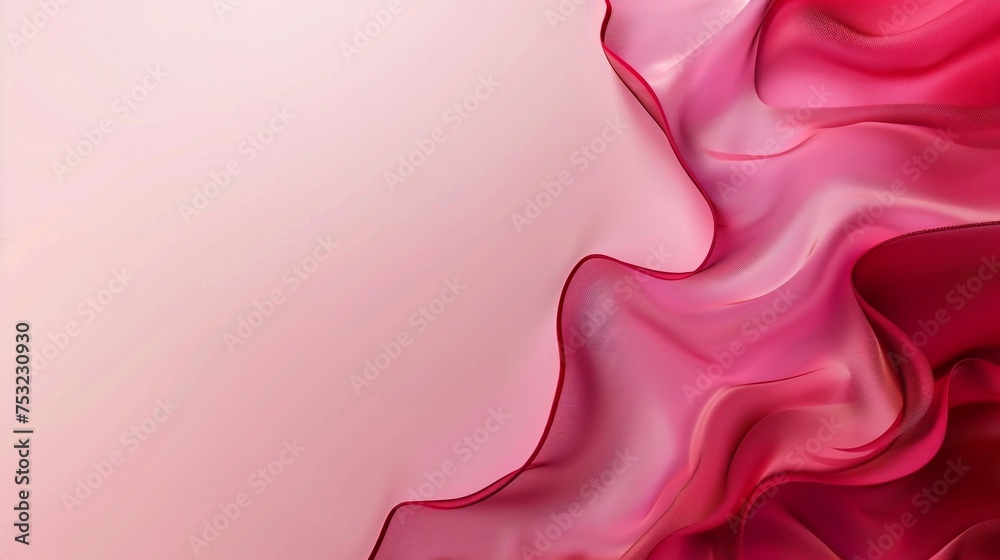 A minimalist art piece with a corner of deep red to light pink waves transitioning to a plain background of color #fffbfc for text space. Created Using: Crisp wave details, color to no-color gradient,