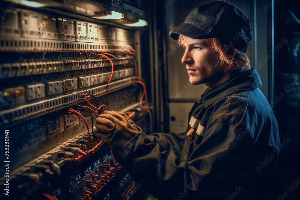 Technician Concentrating on Electrical Panel Wiring