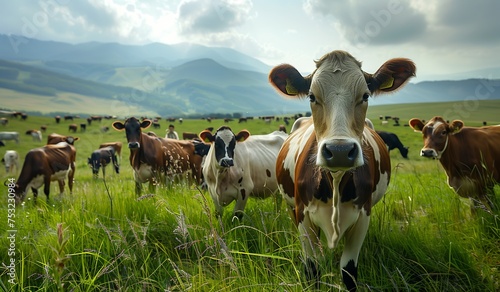 Herd of Cows Grazing on Lush Green Field. Generative AI