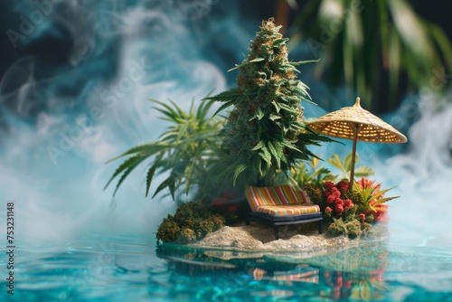 Hemp summer island. Miniature scene with tropical island and giant cannabis plant palms in calm turquoise ocean water, lounge with straw umbrella, colorful smoke like clouds. 4:20 marijuana day photo