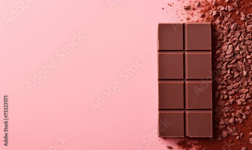 Chocolate bar on a pink background. Culinary and dessert concept. Top view food shot for wallpaper, banner, poster, card with copy space photo