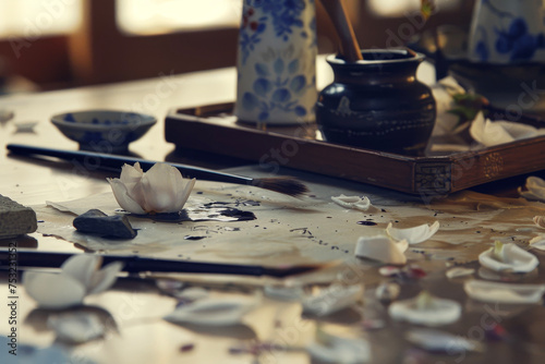 A scholars desk holds an inkstone and a brush. The ink bleeds into the paper, forming delicate petals.