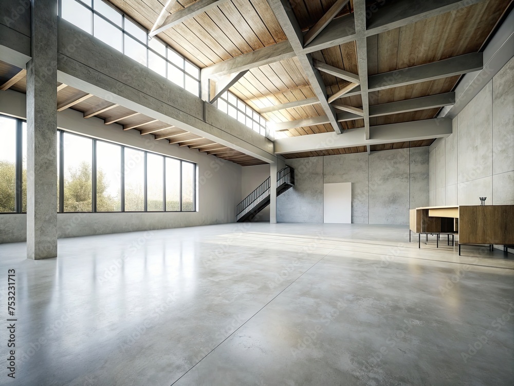 The simple cement floor contrasts with the loft architecture structure generative ai