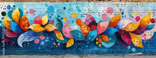 Colorful street art mural featuring stylized leaves and circular patterns on a brick wall.