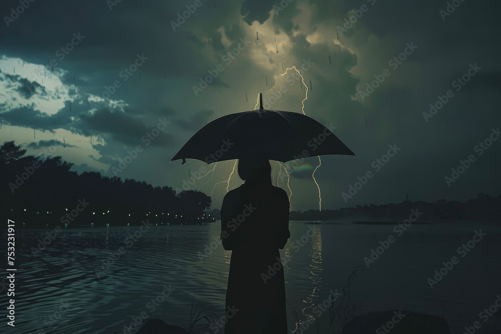A silhouette of a person holding an umbrella under a lightning storm