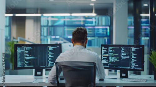 Man Working at Desk With Two Computer Monitors. Generative AI
