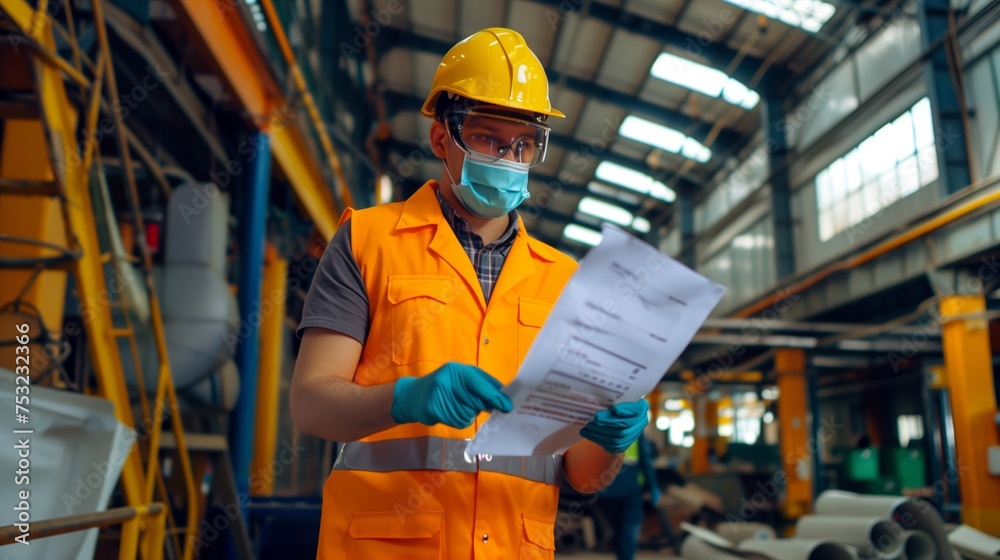 Safety Officer Holding Paper During Workplace Inspection. Generative AI Safety Officer Holding Paper During Workplace Inspection. Generative AI