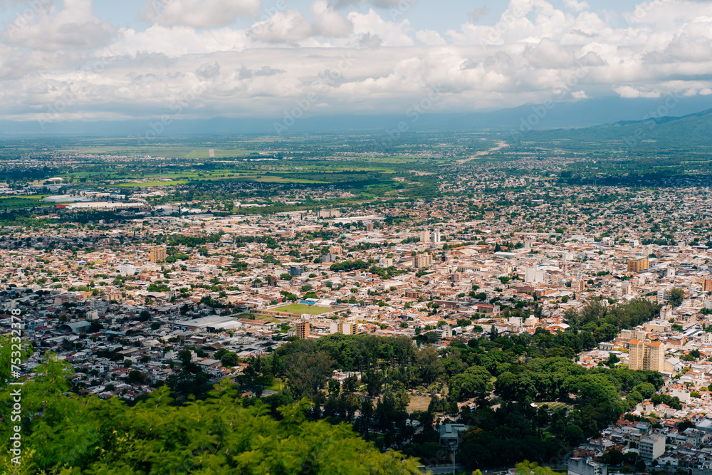 Fototapeta premium Top view of the city, streets and houses with tiled roofs. Salta, Argentina