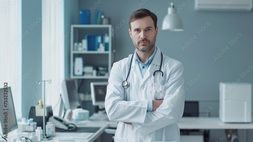 Man in Lab Coat at Desk. Generative AI Man in Lab Coat at Desk. Generative AI