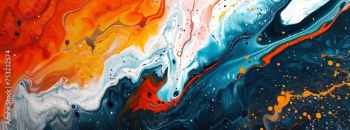 Fluid art painting with swirling patterns of navy blue, orange, and white.