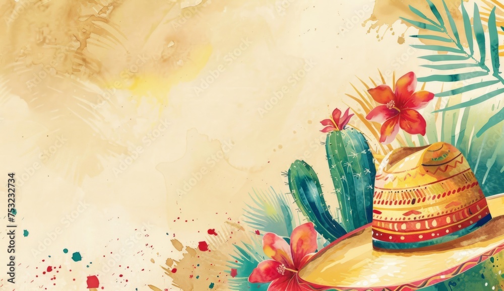 colorful watercolor background with sombrero, flowers and cactus Generative AI