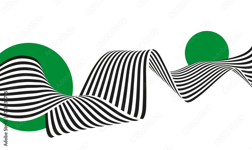 Striped black and white ribbon twisted with green circles on a white background