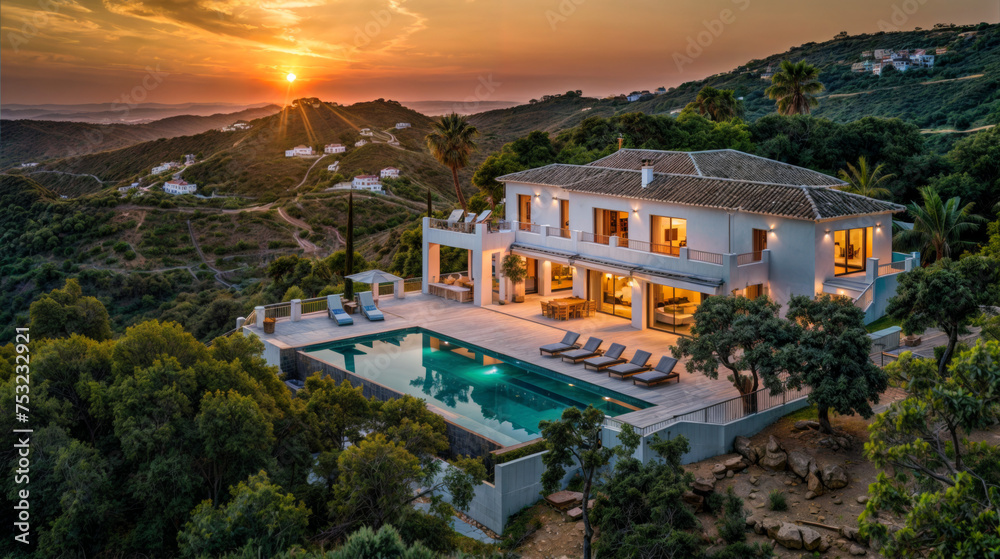 villa confortable et moderne avec piscine et jardin, au sommet d'une colline avec vue sur mer au moment du couché du soleil - obrazy, fototapety, plakaty 