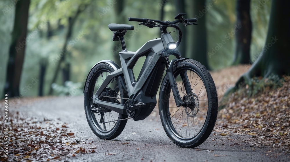 Fototapeta premium detailed view of an electric bike's battery pack mounted on the frame, showcasing modern e-mobility solutions in an urban setting