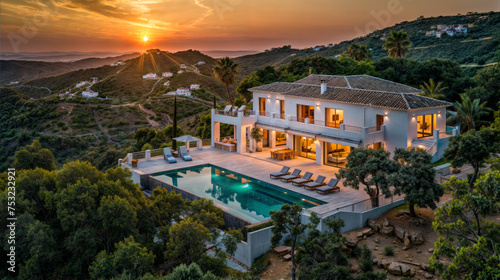 villa confortable et moderne avec piscine et jardin, au sommet d'une colline avec vue sur mer au moment du couché du soleil © Sébastien Jouve