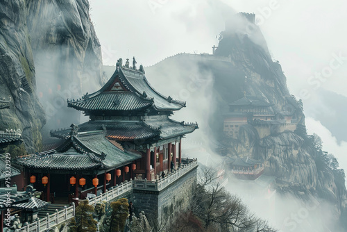 A mountain temple clings to a mist-shrouded peak. Lanterns sway in the breeze, and incense spirals upward. photo