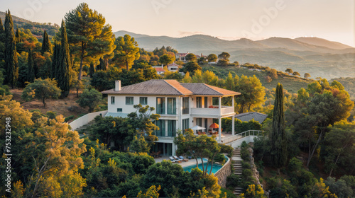 villa confortable et moderne avec piscine et jardin, au sommet d'une colline avec vue sur mer au moment du couché du soleil