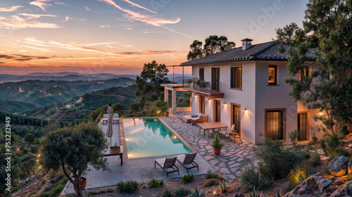 villa confortable et moderne avec piscine et jardin, au sommet d'une colline avec vue sur mer au moment du couché du soleil © Sébastien Jouve