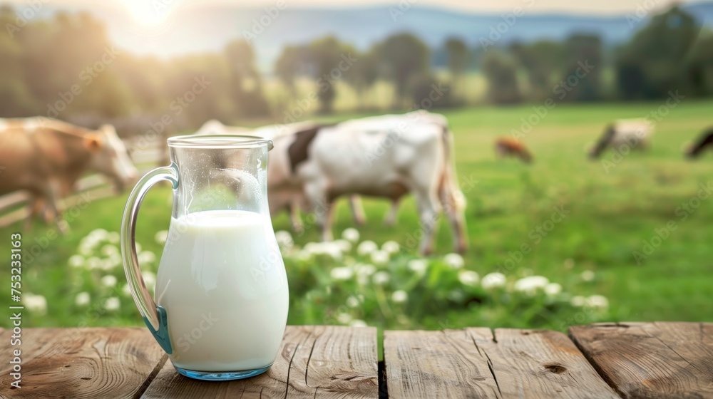 Pitcher of Milk on Wooden Table. Generative AI Pitcher of Milk on Wooden Table. Generative AI