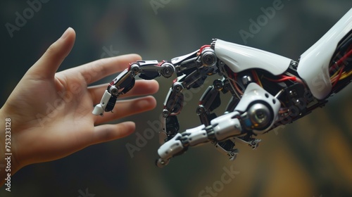 Human Hand Holding Floating Robot. Generative AI