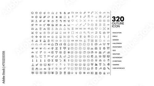 Mega Set Outline Icon Set: Education, Emoji, Gender, Halloween, Investment, SEO, Weather, Astronomy, Christmas, Gaming, User Interface - Vector